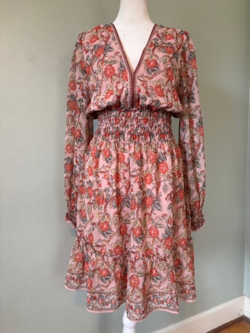 Max Studio Pink Floral Long Sleeve V-neck Georgette Smocked Mini Dress Large